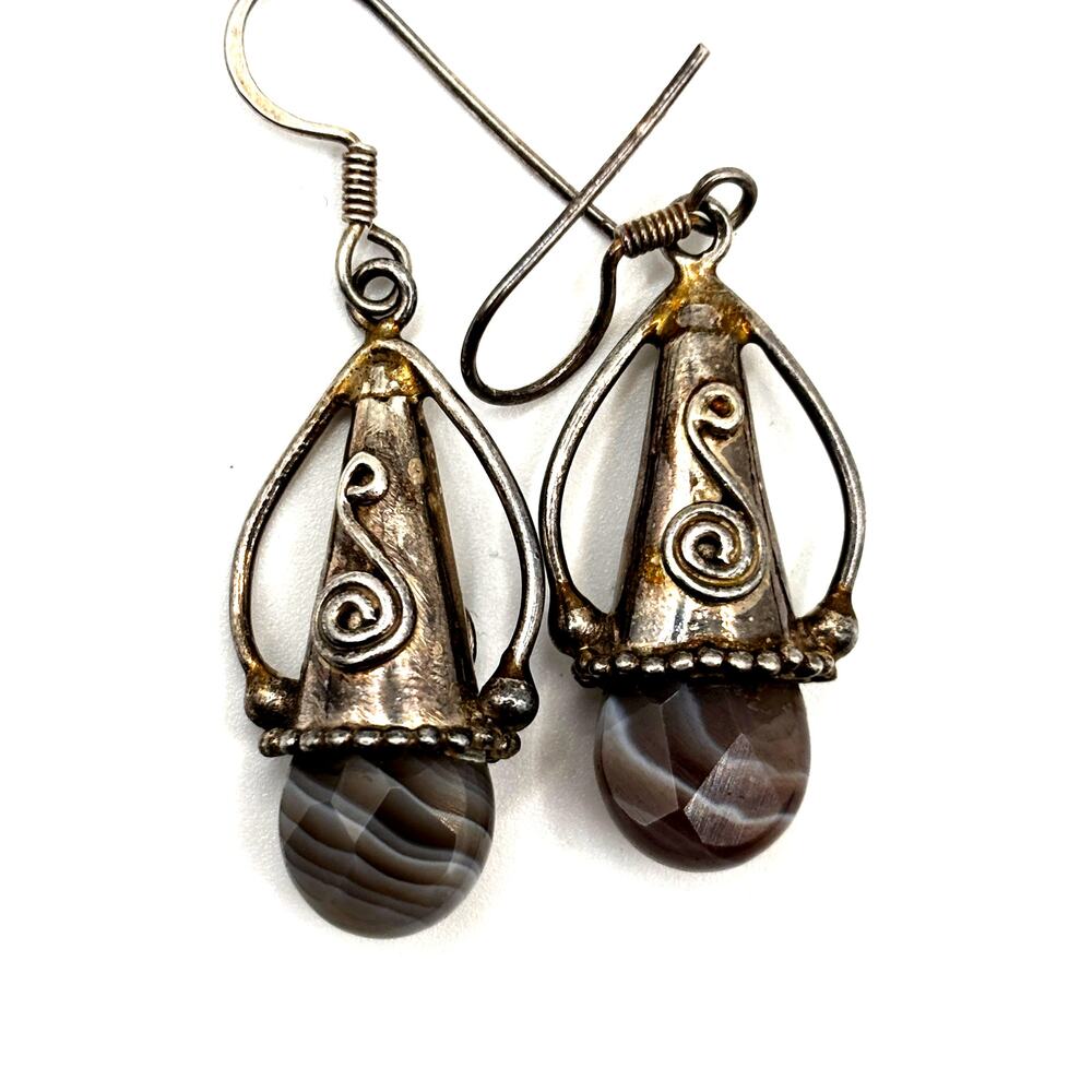 Sterling Silver Agate Dangle Drop‎ Filigree Earrings